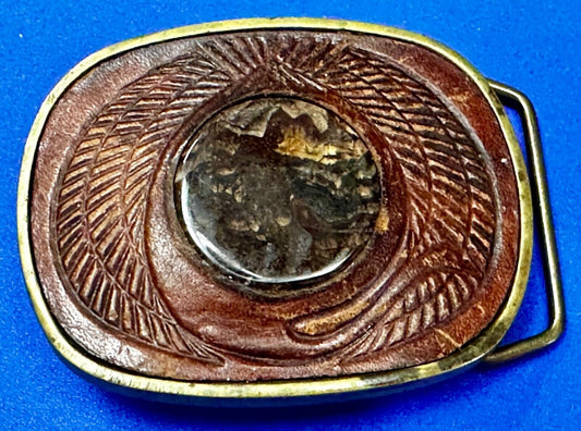 Unique Leather and Solid Brass Round Centerpiece Vintage Belt Buckle by Baron