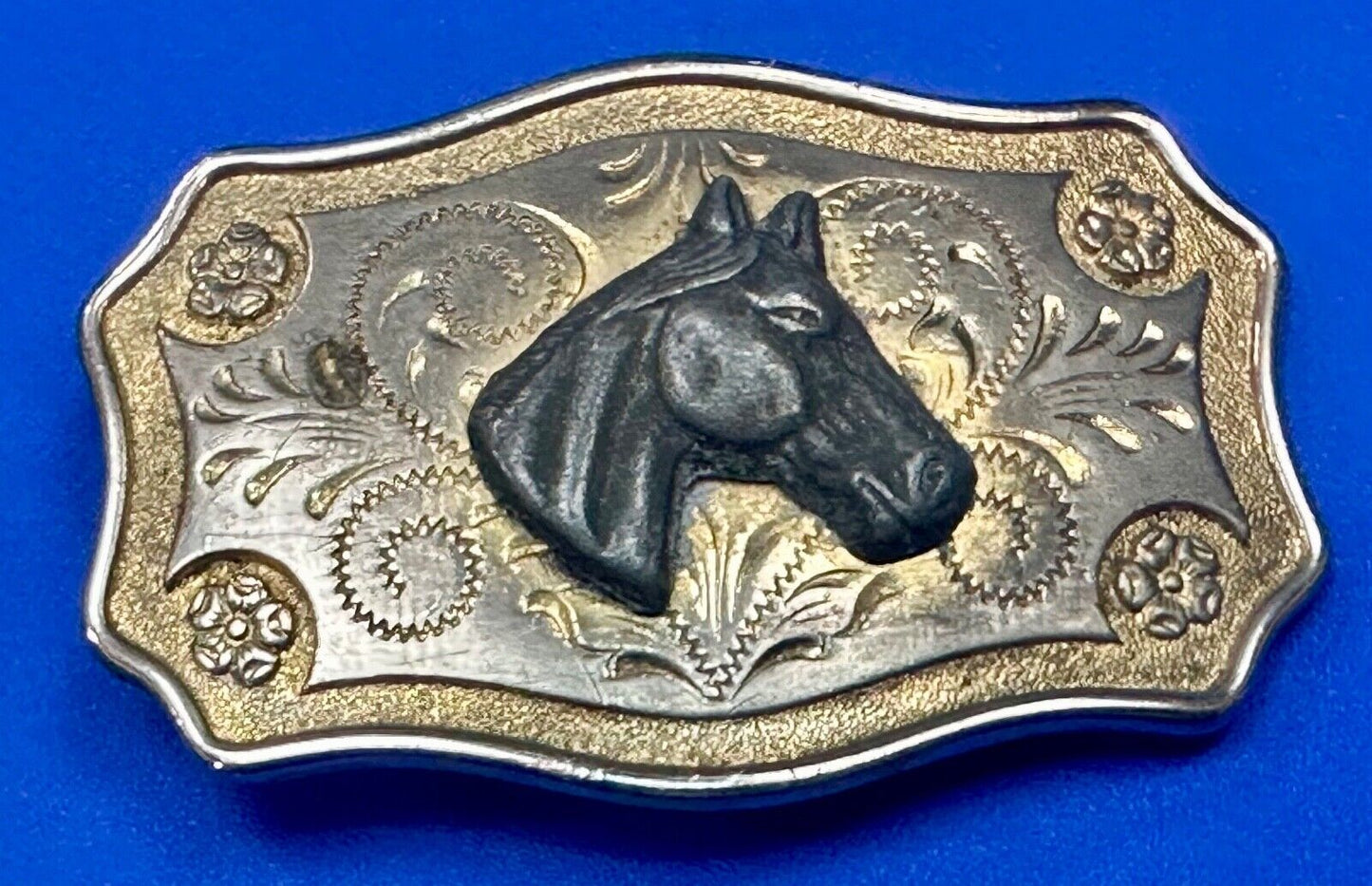Vintage Horse head - Two tone western flower swirl belt buckle
