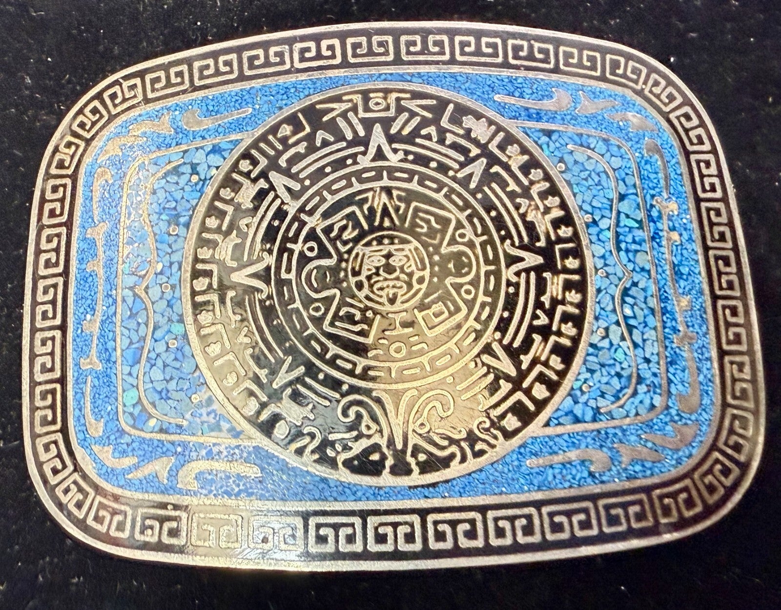 Aztec Mayan Calendar Turquoise Chip Inlay Tribal Art Belt Buckle Mexico Made
