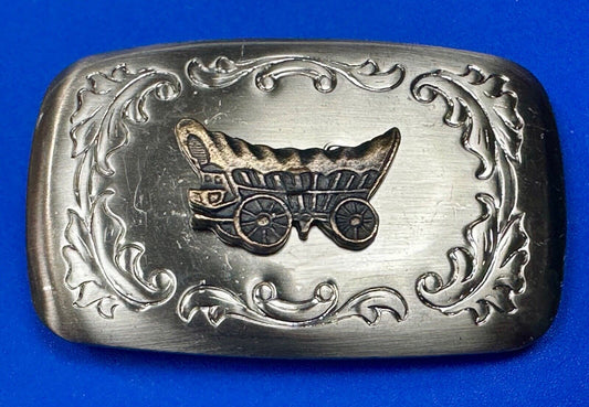 Vintage covered wagon two tone western mixed metal belt buckle