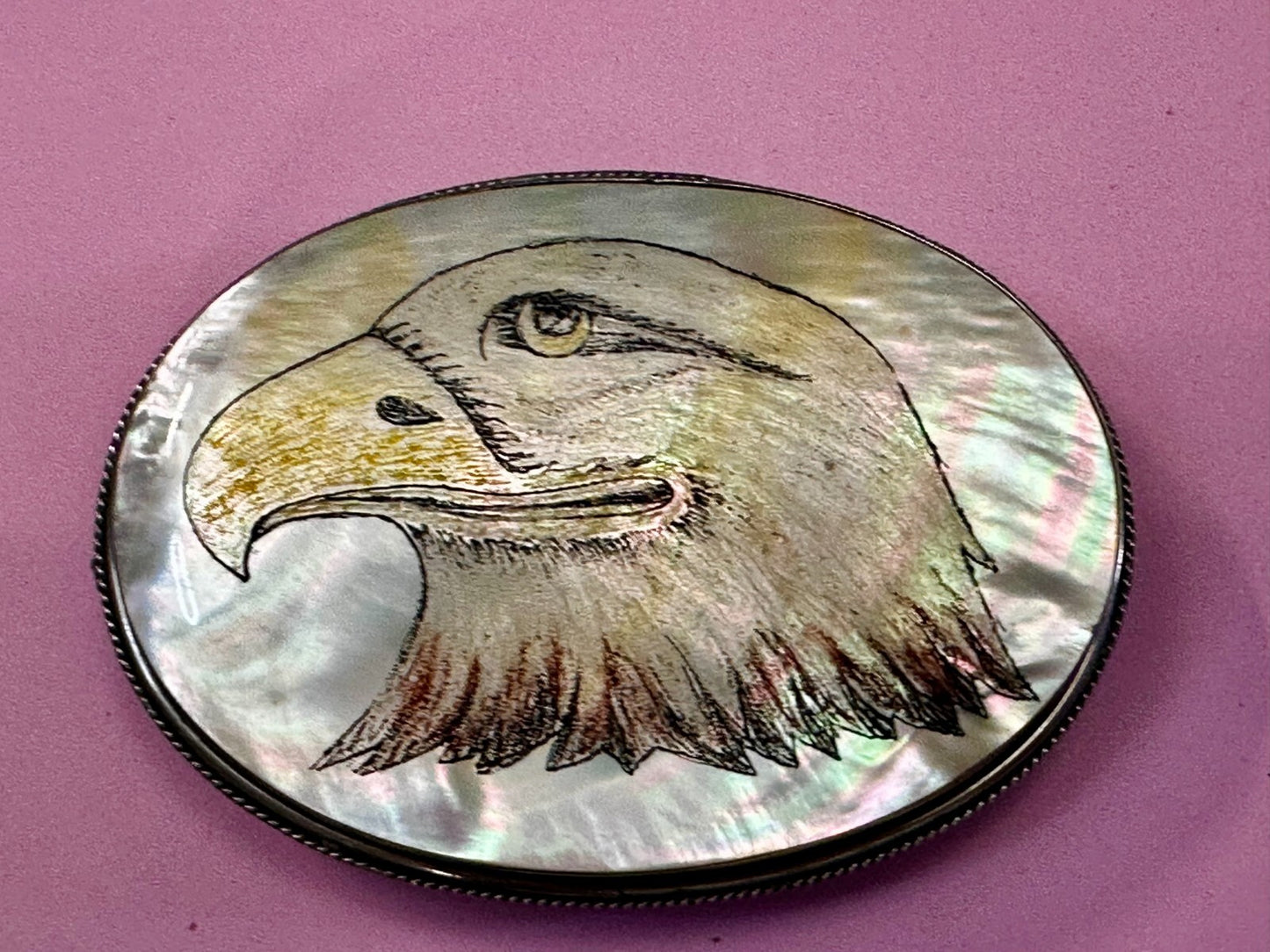American Bald Eagle Handmade On Mother Of Pearl Shell Belt Buckle - Hallmarked M