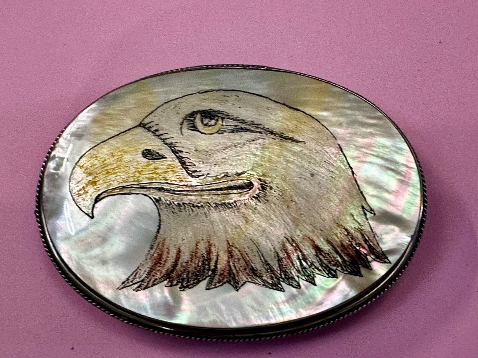 American Bald Eagle Handmade On Mother Of Pearl Shell Belt Buckle - Hallmarked M