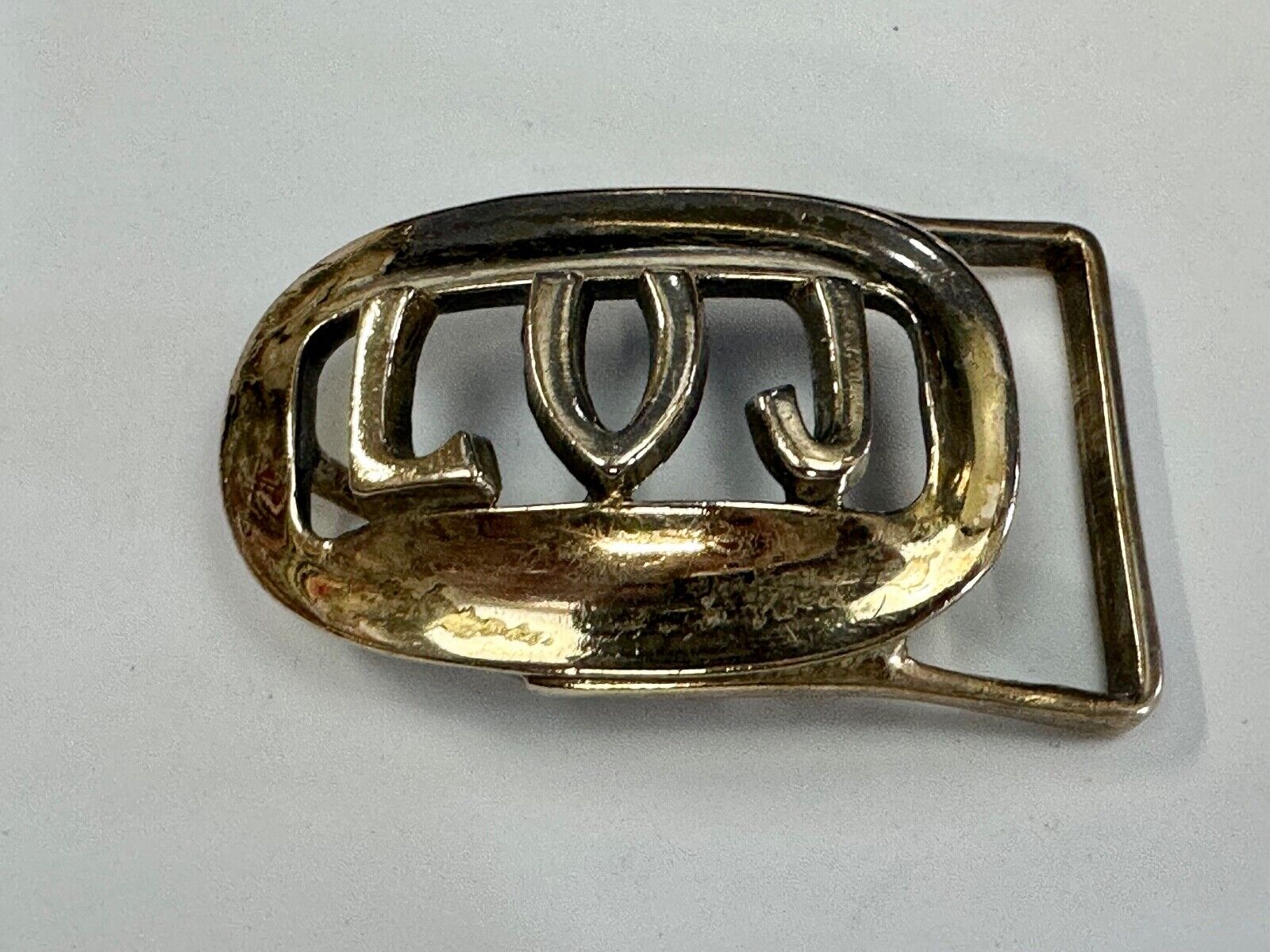 Vintage LVJ LUJ gold tone block letters cutout belt buckle