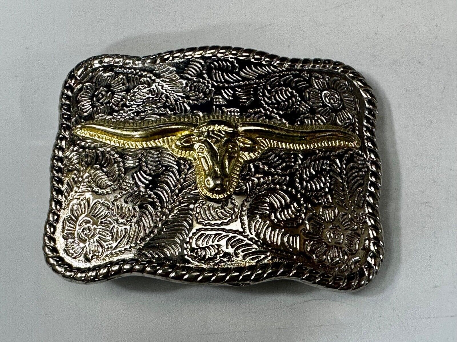 Texas Longhorn Rodeo Steer Bull Head Vintage Two Tone Small Cowgirls Belt Buckle