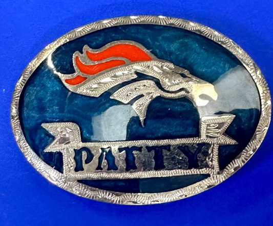 Artisan Custom Name PATTY ribbon - enamel inlaid Mustang race horse belt buckle