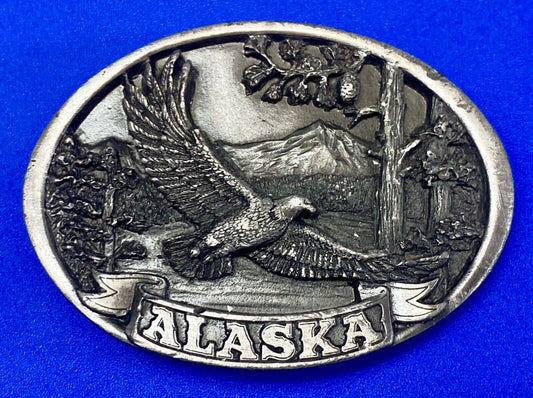 Vintage 1986 Eagle flying high over mountains Alaska belt buckle by C+-J