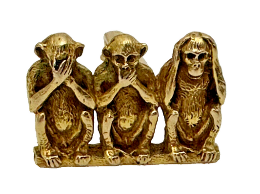 Three Wise Monkeys Speak, See, Hear No Evil  Antique 14K Gold Single Cufflink 6g