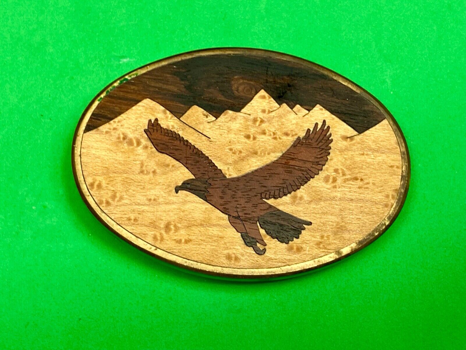 Vintage 1983 The great American Eagle mixed wood on solid brass BTS belt buckle 