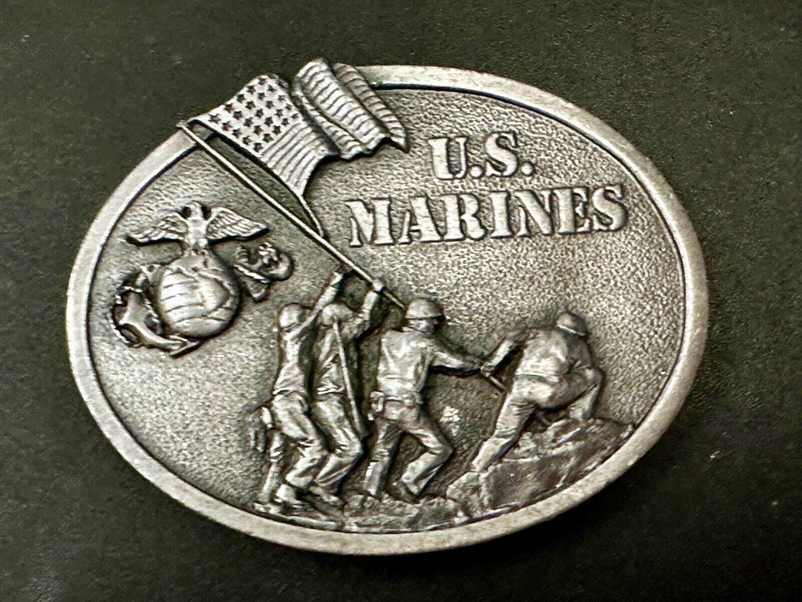 United States Marines Patriotic Raising Flag Vintage 1982 Bergamot Belt Buckle