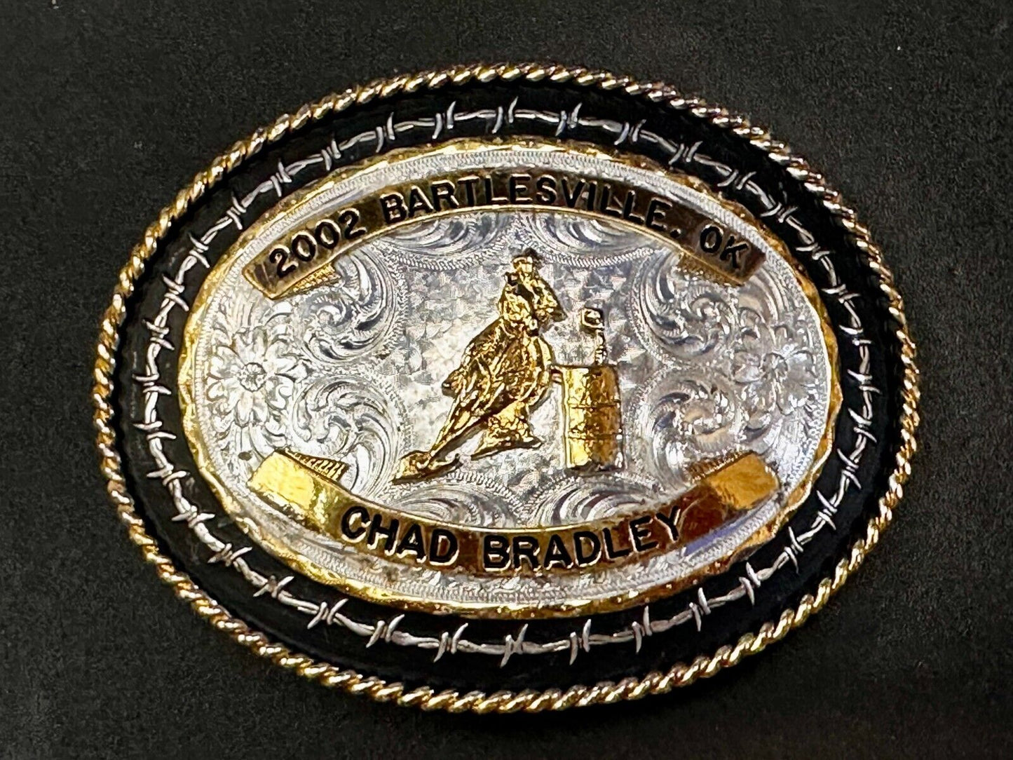 2002 Bartlessville OK Rodeo Trophy Chad Bradley Montana Silversmiths Belt Buckle