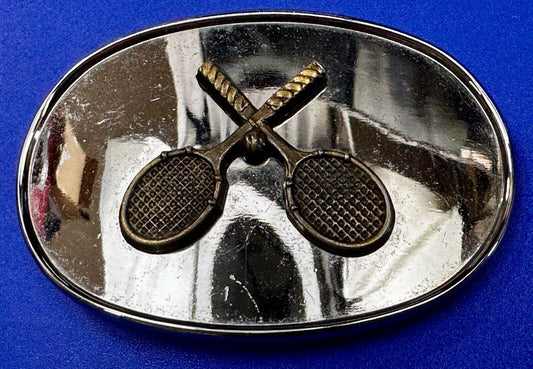 Tennis Racquet's  Sports Fan's Vintage Two Tone Reflective Oval Belt Buckle