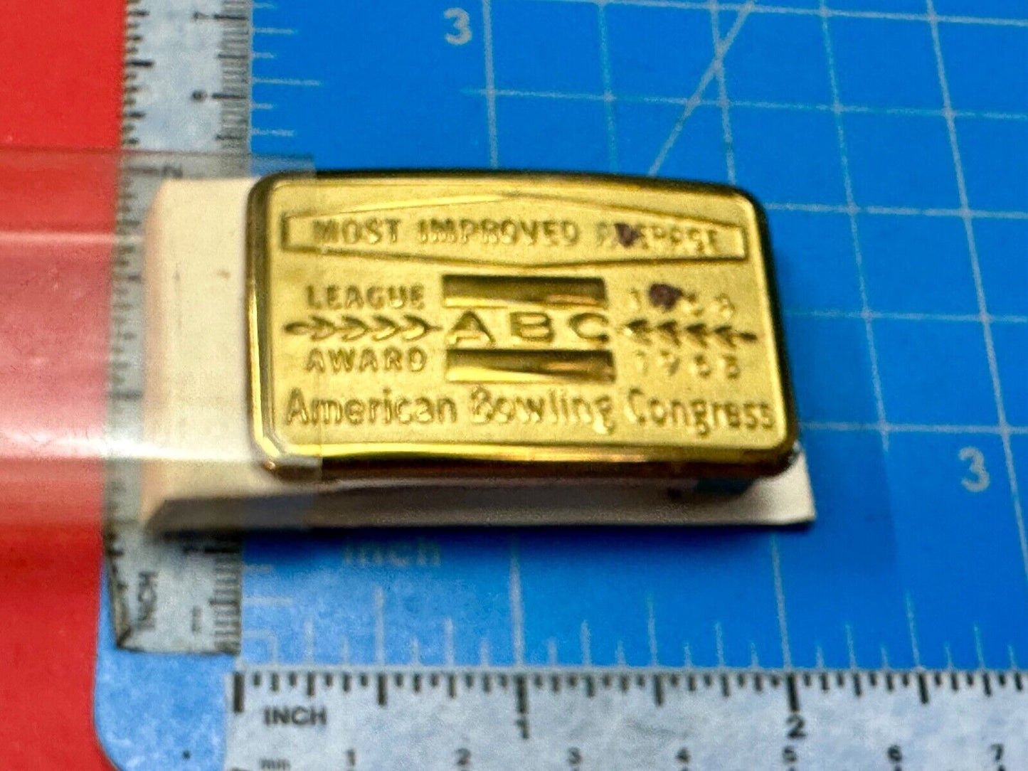 ABC Bowling League Award NOT engraved most improved trophy  1964 belt buckle
