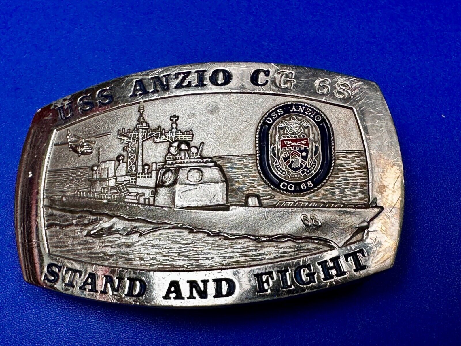 U.S.S. Anzio CG 68 Missile Cruiser Ship Stand and Fight US Navy Vtg. Belt Buckle
