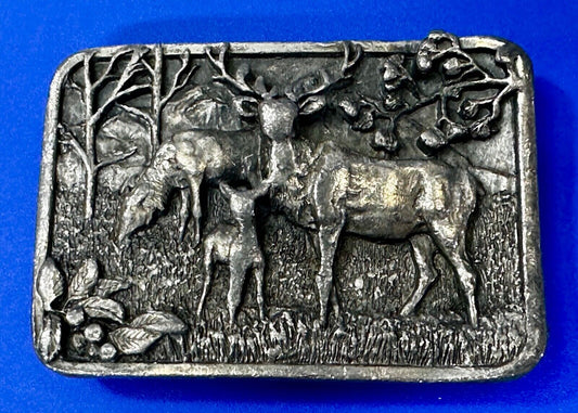 The Elk Deer Family Vintage Wapiti  1982 Wildlife Pewter Belt Buckle by Siskiyou
