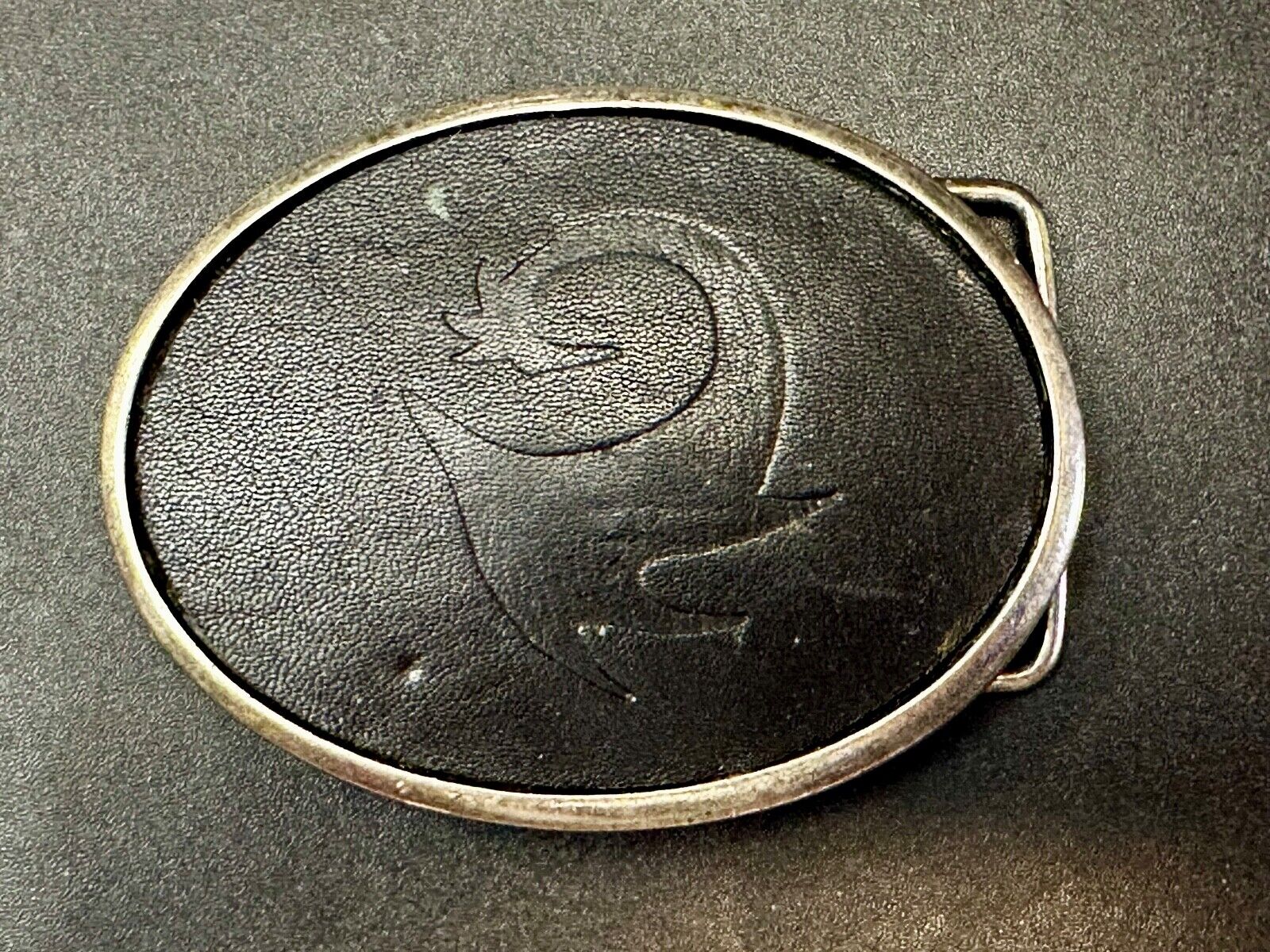 Unknown to me Animal Emblem Logo? Black Faux? leather Silver Tone Belt Buckle