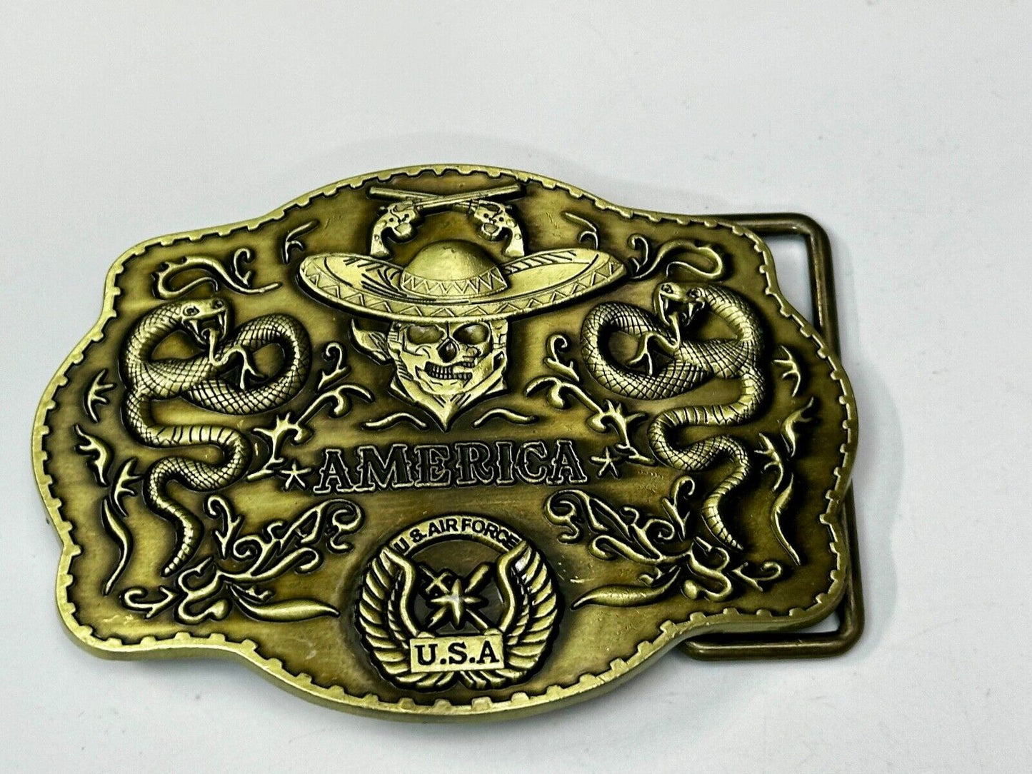 Air Force - America Skull in Cowboy Hat, Crossed Guns, Snakes, Eagle Belt Buckle