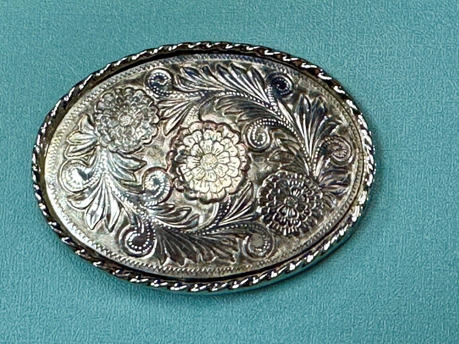 vintage flower leaf design western etched belt buckle marked W