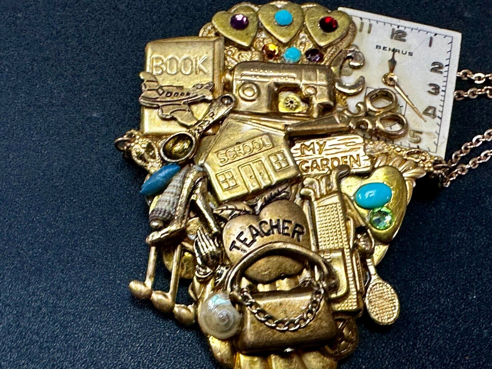 Teacher School Book My Garden Artisan Chain Charm Gold Tone Brooch Pin 2006