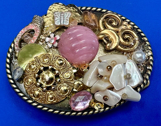 Artisan Abstract flowers made of mixed material on gold tone oval belt buckle