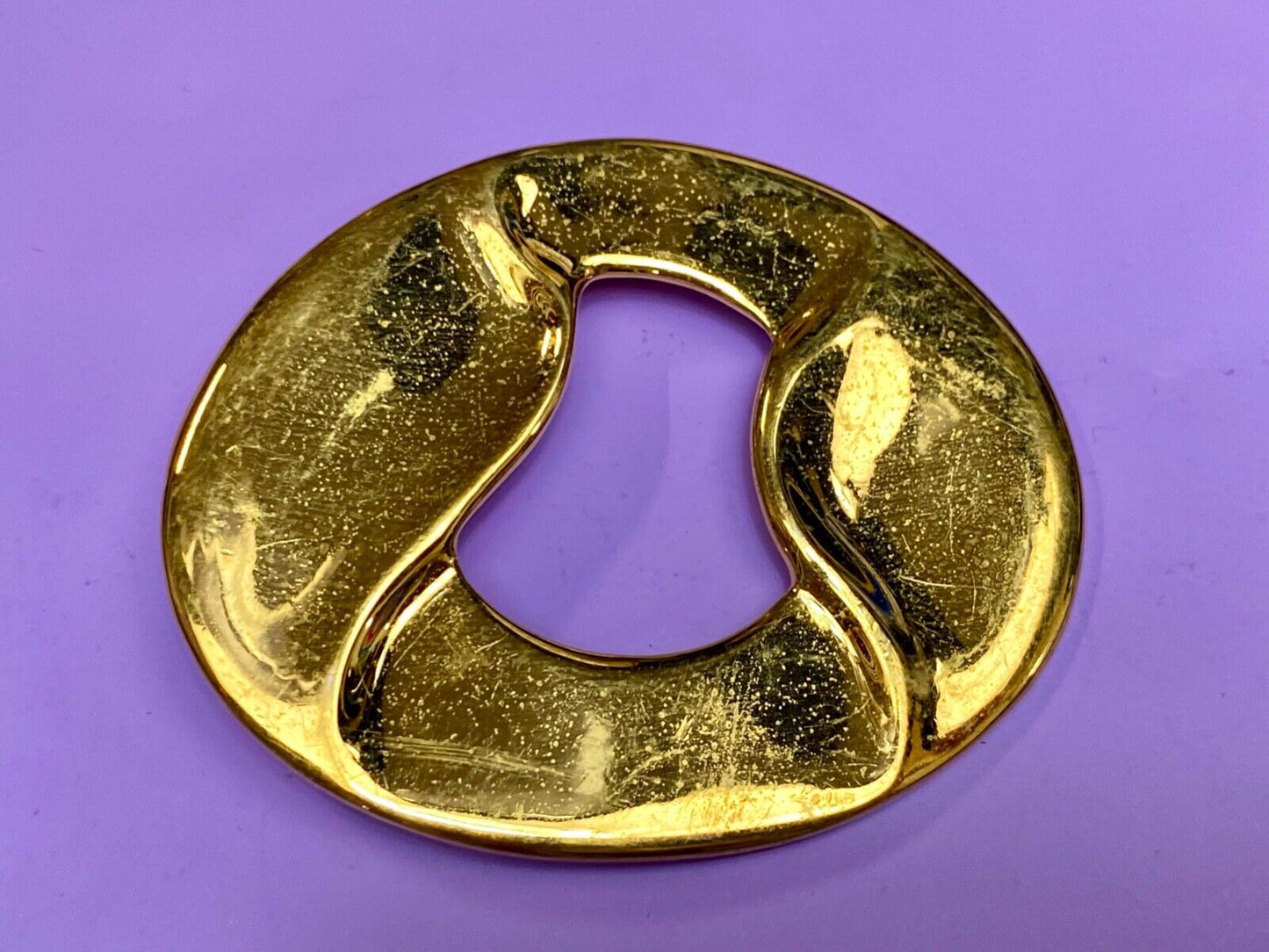 Artist Ginnie Johansen signed gold color abstract oval scarf slide