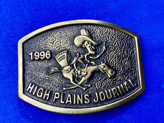 Vintage 1996 High Plains Journal Belt Buckle Cowboy Horse Newspaper