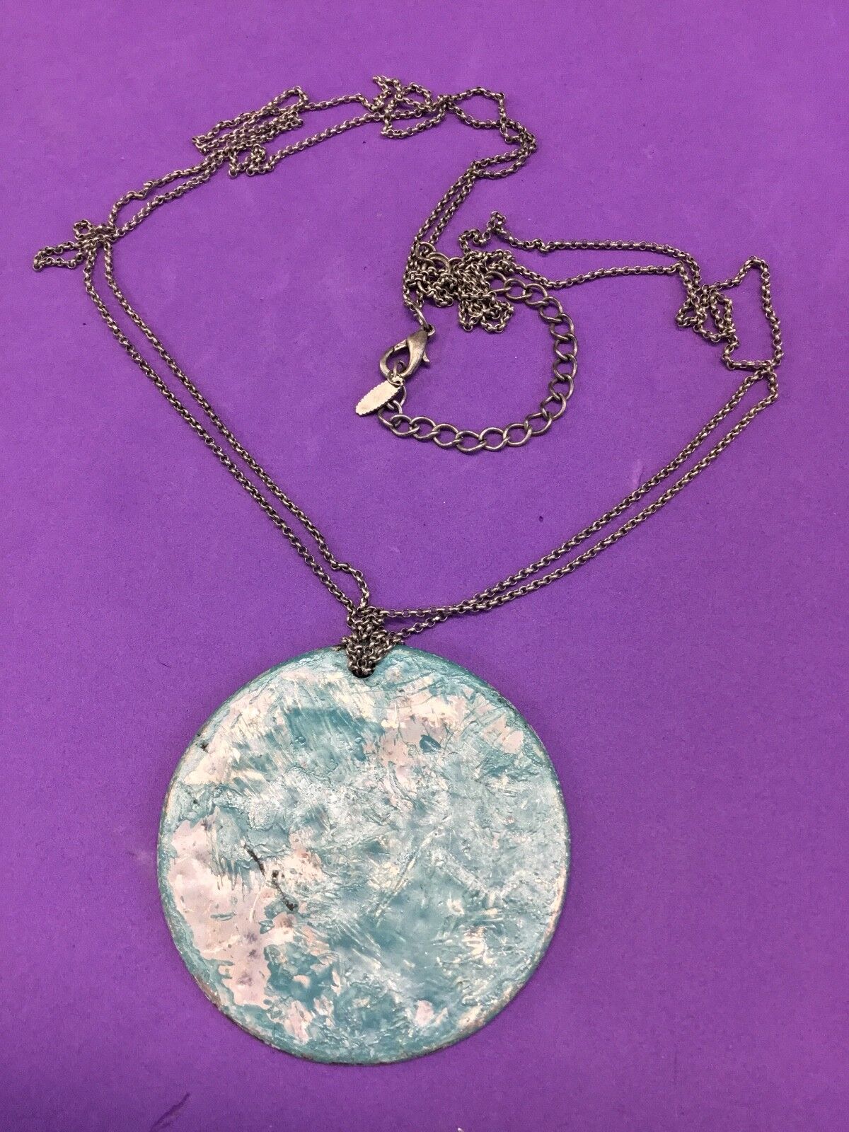 VCLM Abstract Mottled Aqua Round Pendant Silver Tone Double Chain 32" Necklace