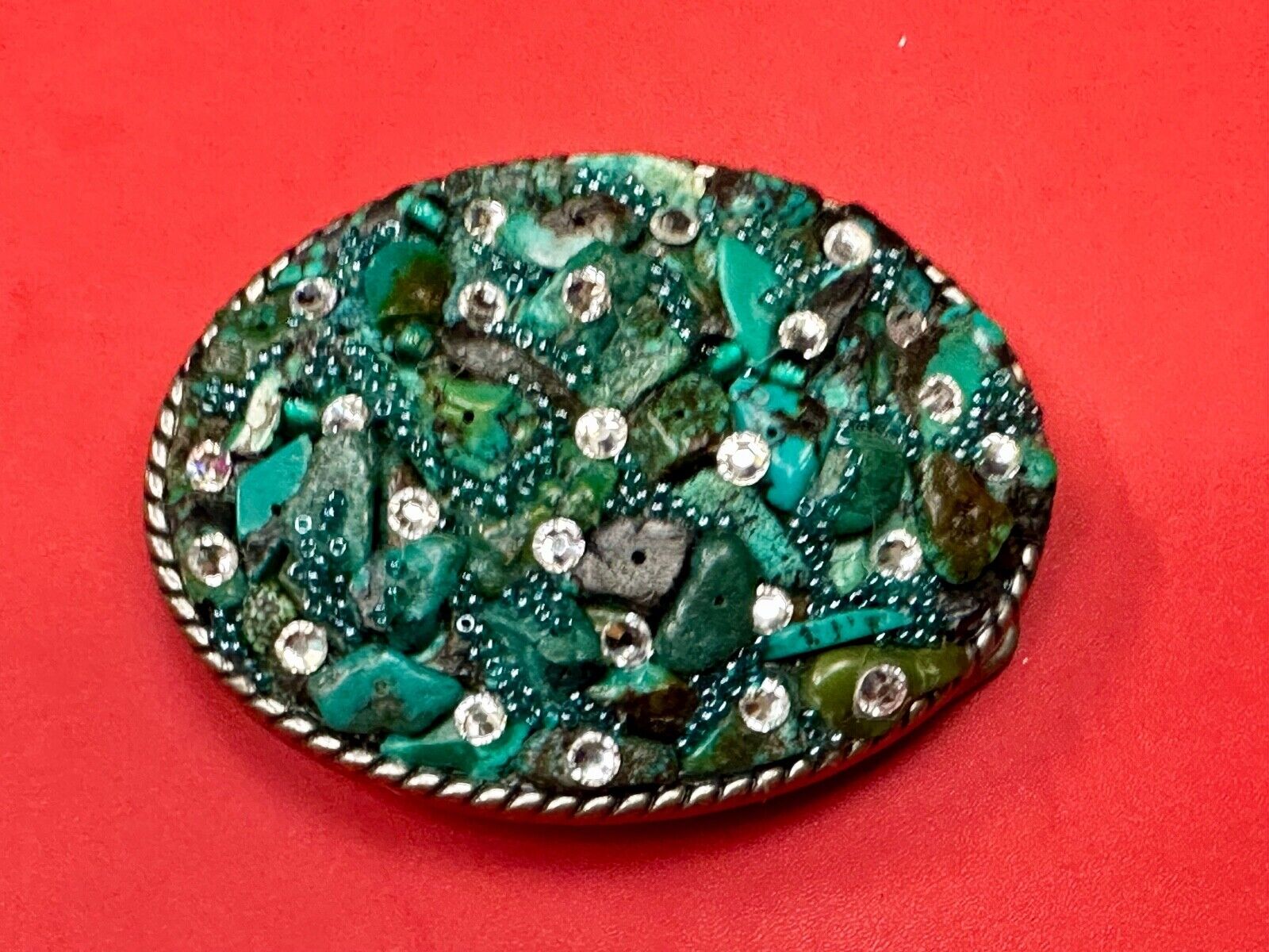 Artisan Chunky shades of Green and clear rhinestone mixed material belt buckle