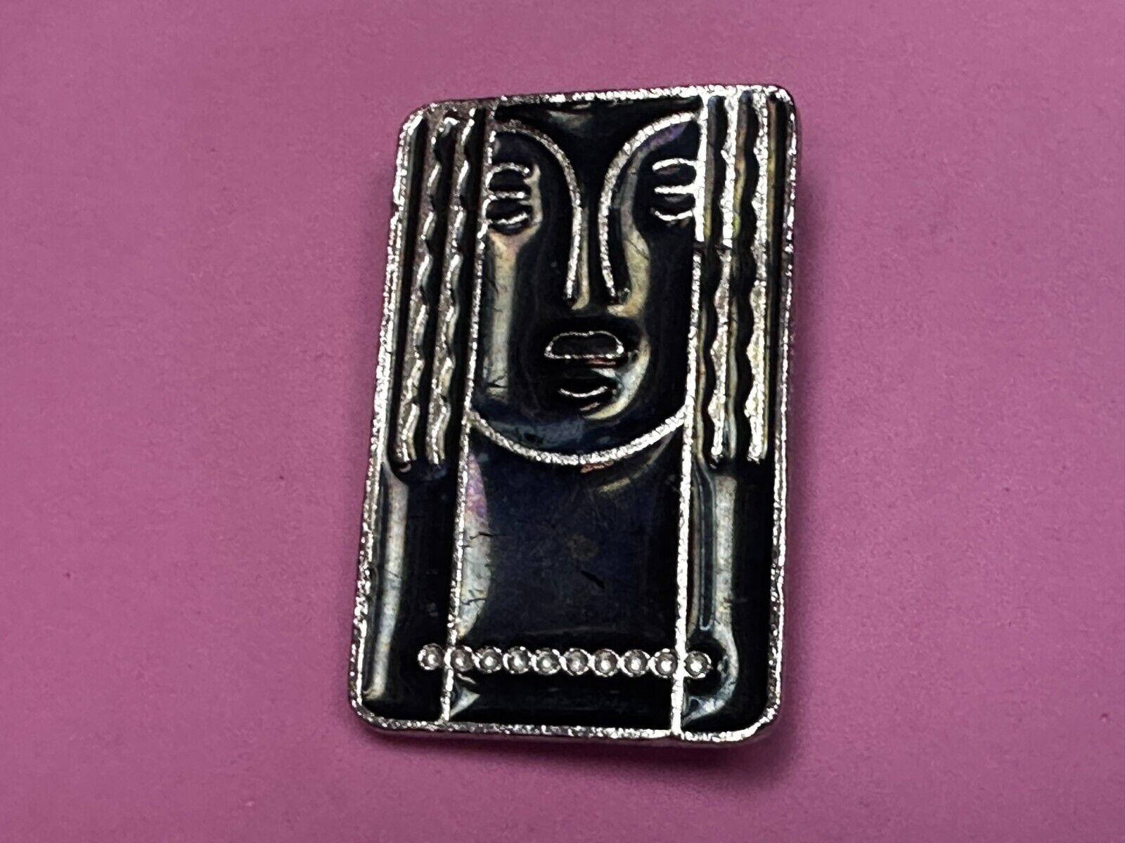 Art Deco Revival Brooch Pendant Pin Signed Ritz - Black Enamel Pewter Face
