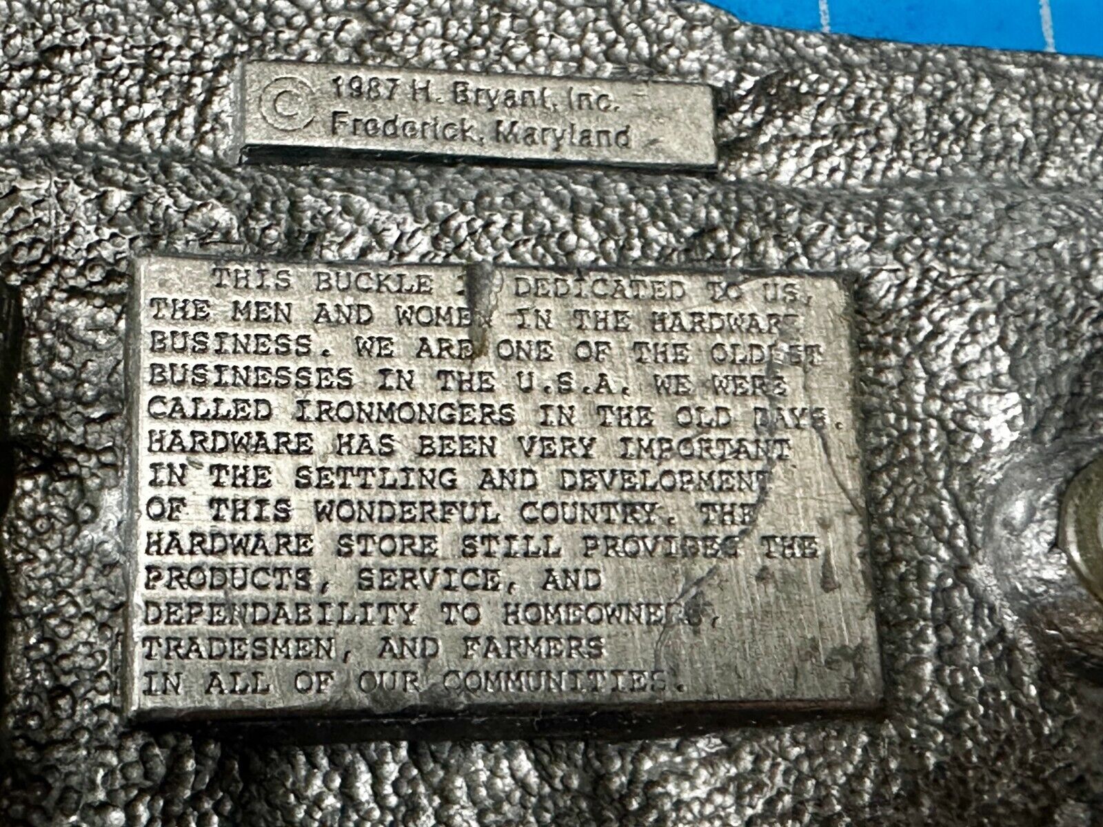 The Hardware Store - Quality Service Dependability Commemorate 1987 Belt Buckle