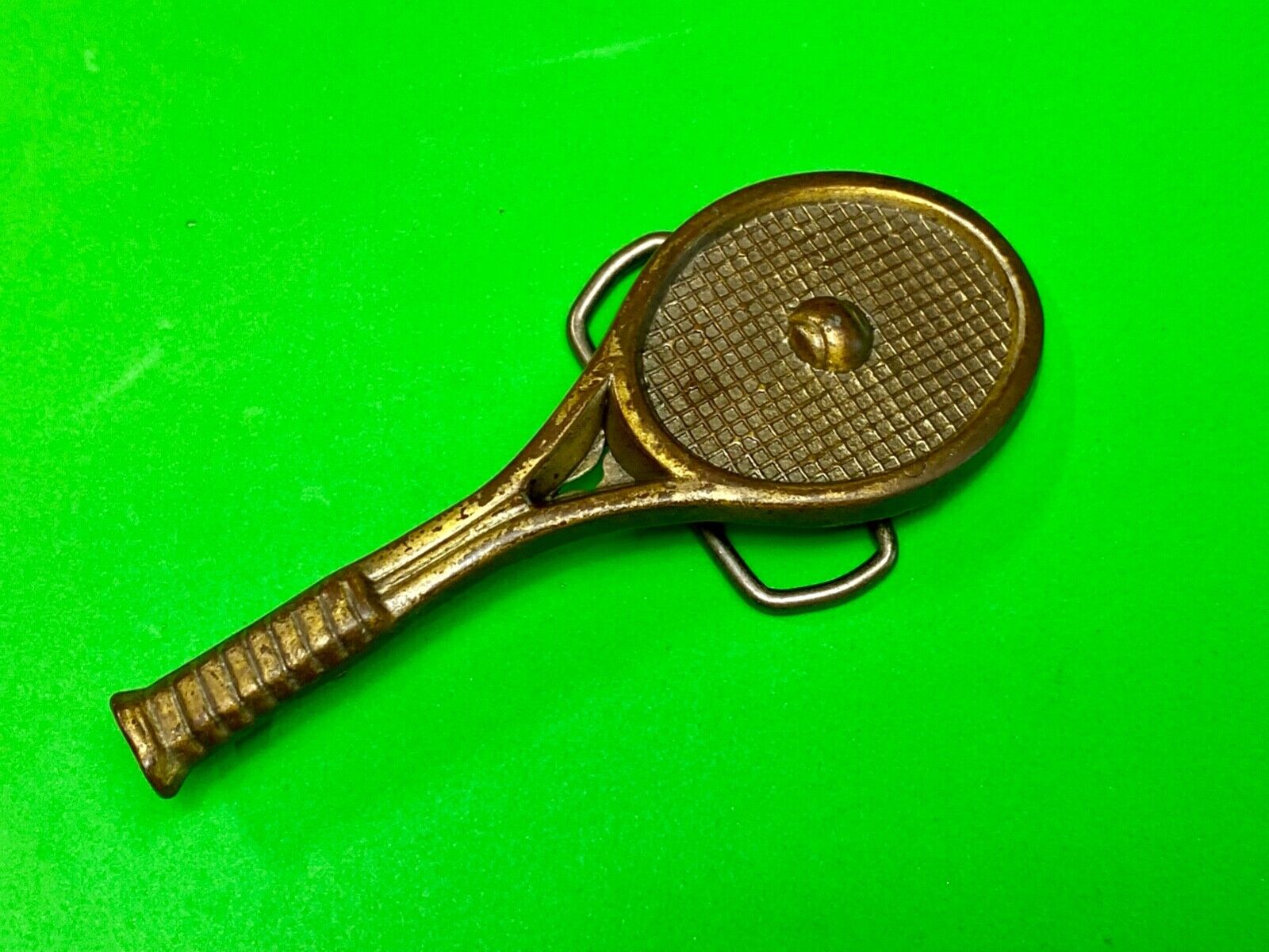 Unique Figural Tennis Racket and ball Sports Game brass tone belt buckle
