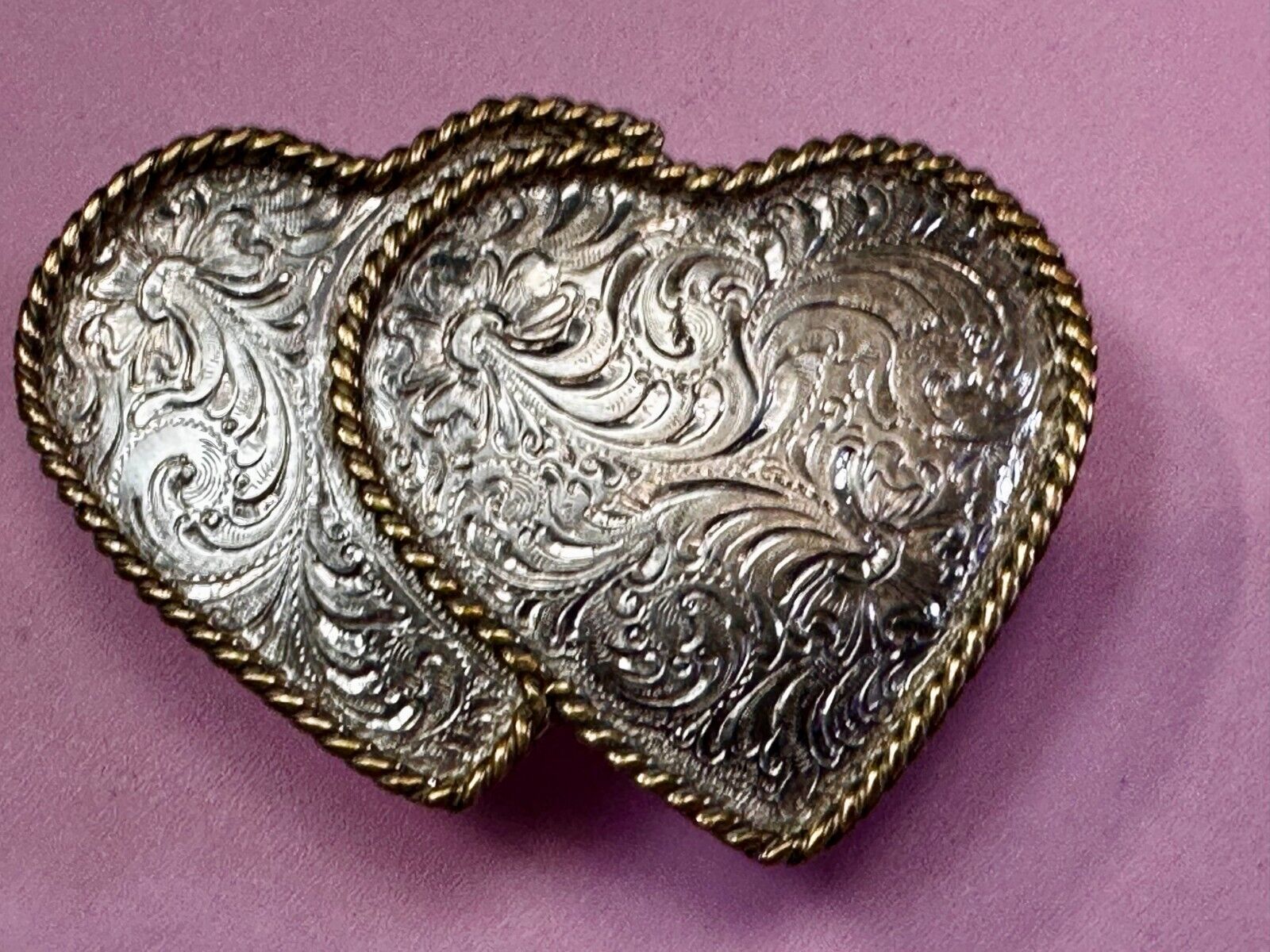 Two Deal Hearts - Vintage Award Design Medals Two Tone Western Belt Buckle
