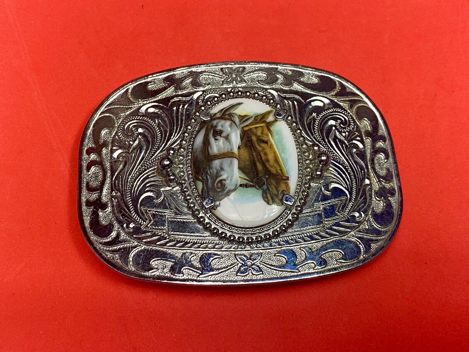 Beautiful Two Horse Bust Head's Photo Picture Western Centerpiece Belt Buckle 