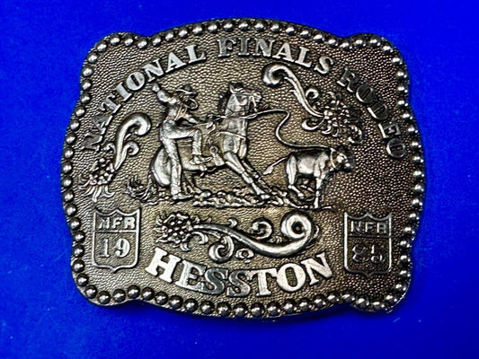 1985 NFR Rodeo Vintage Hesston Belt Buckle Steer Wrestling Cowboy
