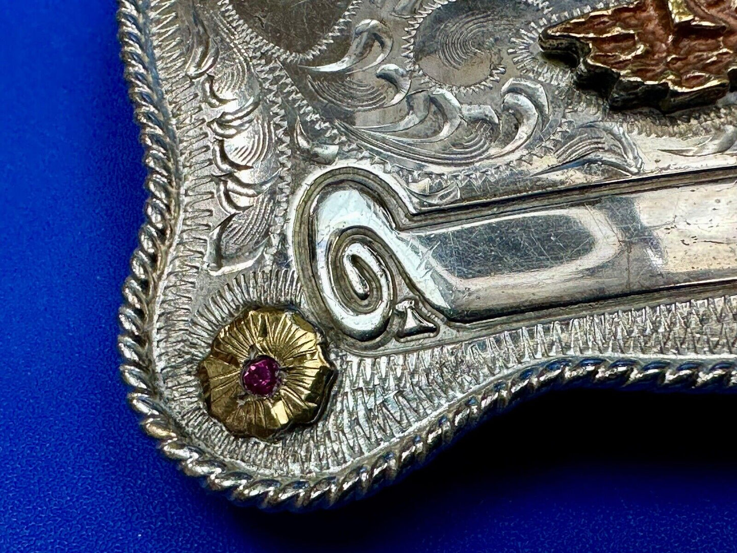 A man with his horse two tone, red ruby Belt Buckle - blank award scrolls