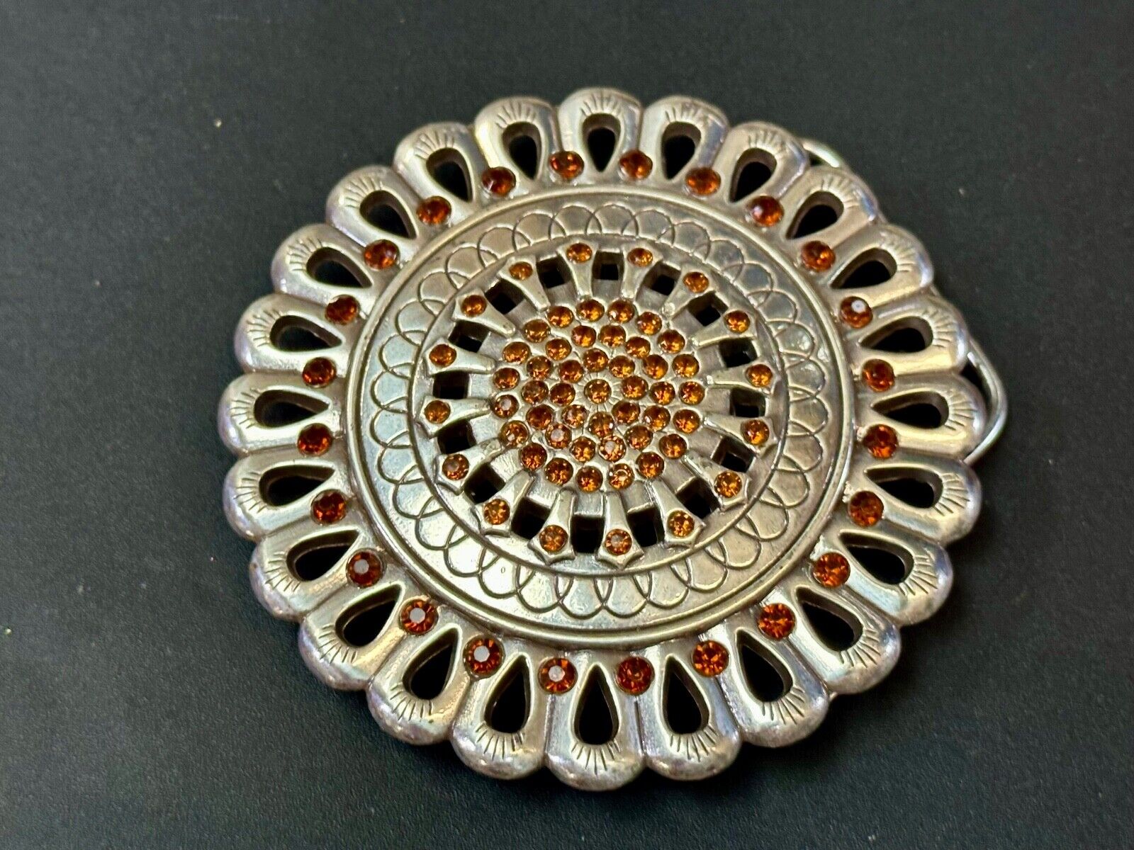 Vintage Flower shaped silver tone red rhinestone accented belt buckle