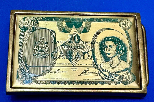 Twenty Dollars Canada Canadian Money Solid Brass Vintage 1983 Belt Buckle by NAP