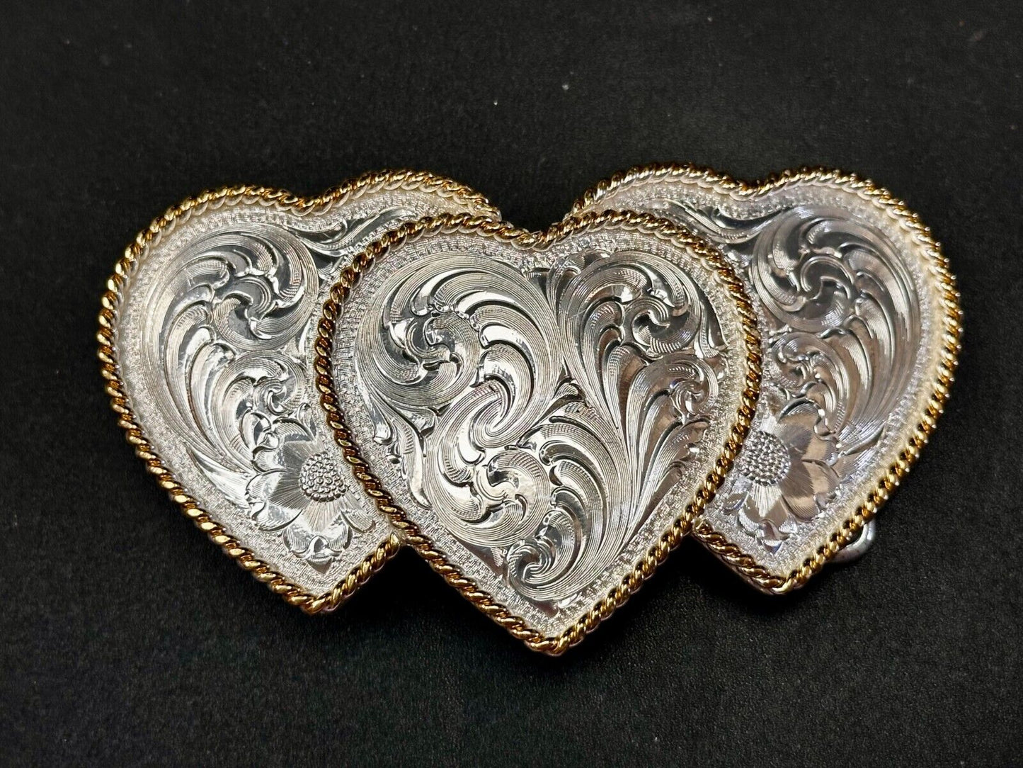 Triple 3 Hearts  Etched Floral Vintage Large Montana Silversmiths Belt Buckle