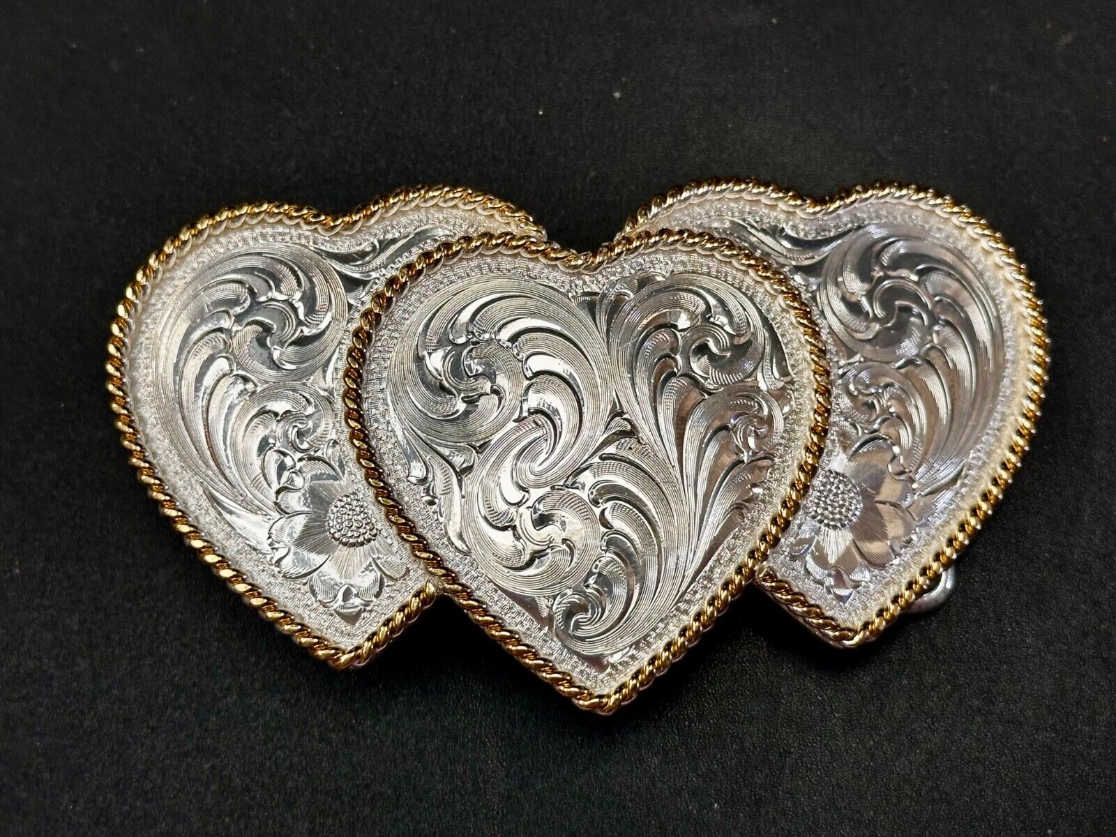 Triple 3 Hearts  Etched Floral Vintage Large Montana Silversmiths Belt Buckle