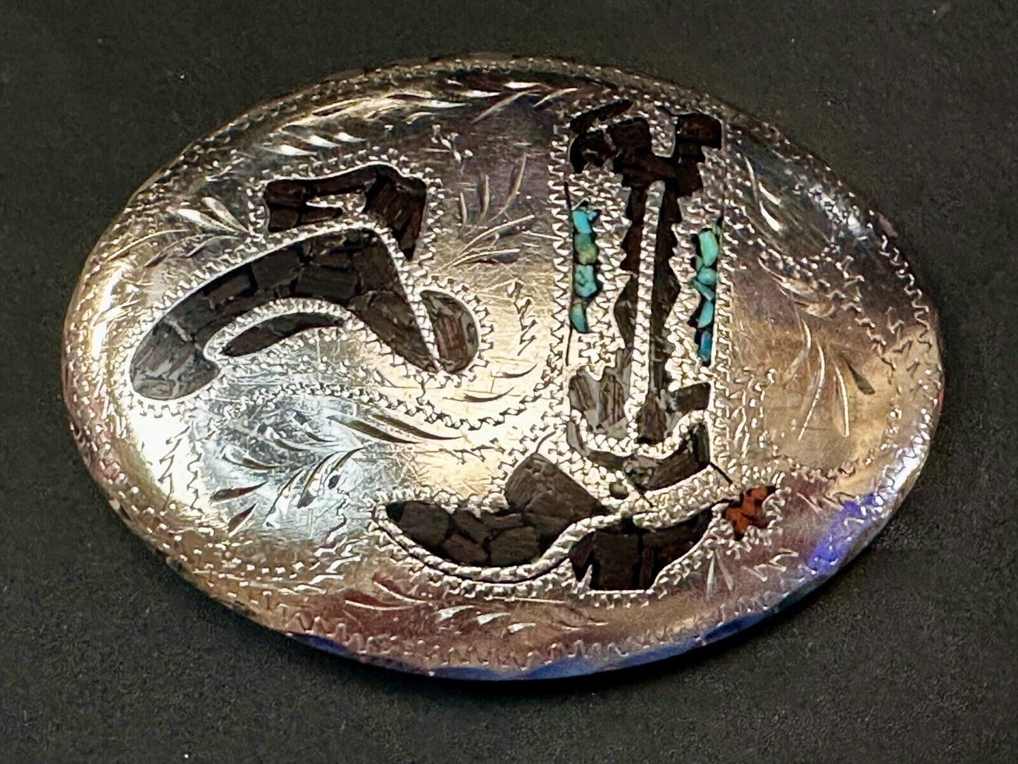 Turquoise & Coral Inlay Western Cowboy Hat Boots Large Native? Art Belt Buckle