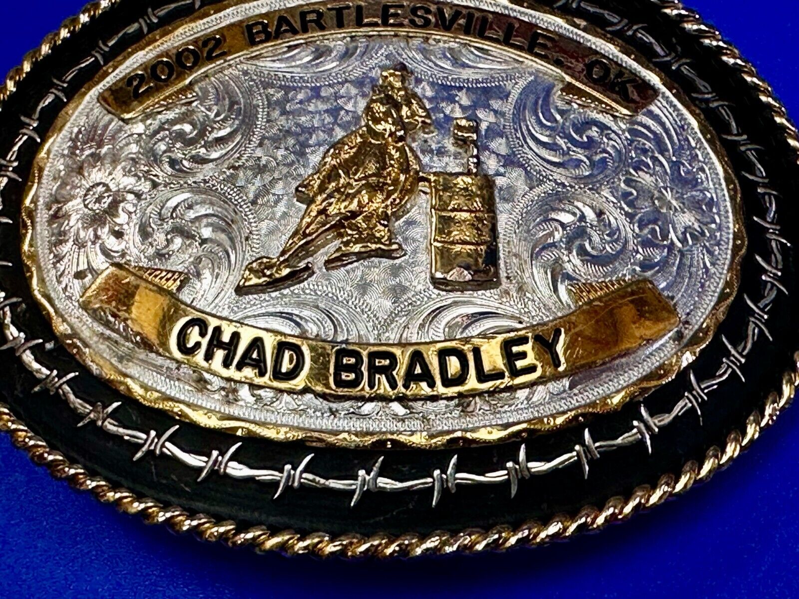 2002 Bartlessville OK Rodeo Trophy Chad Bradley Montana Silversmiths Belt Buckle
