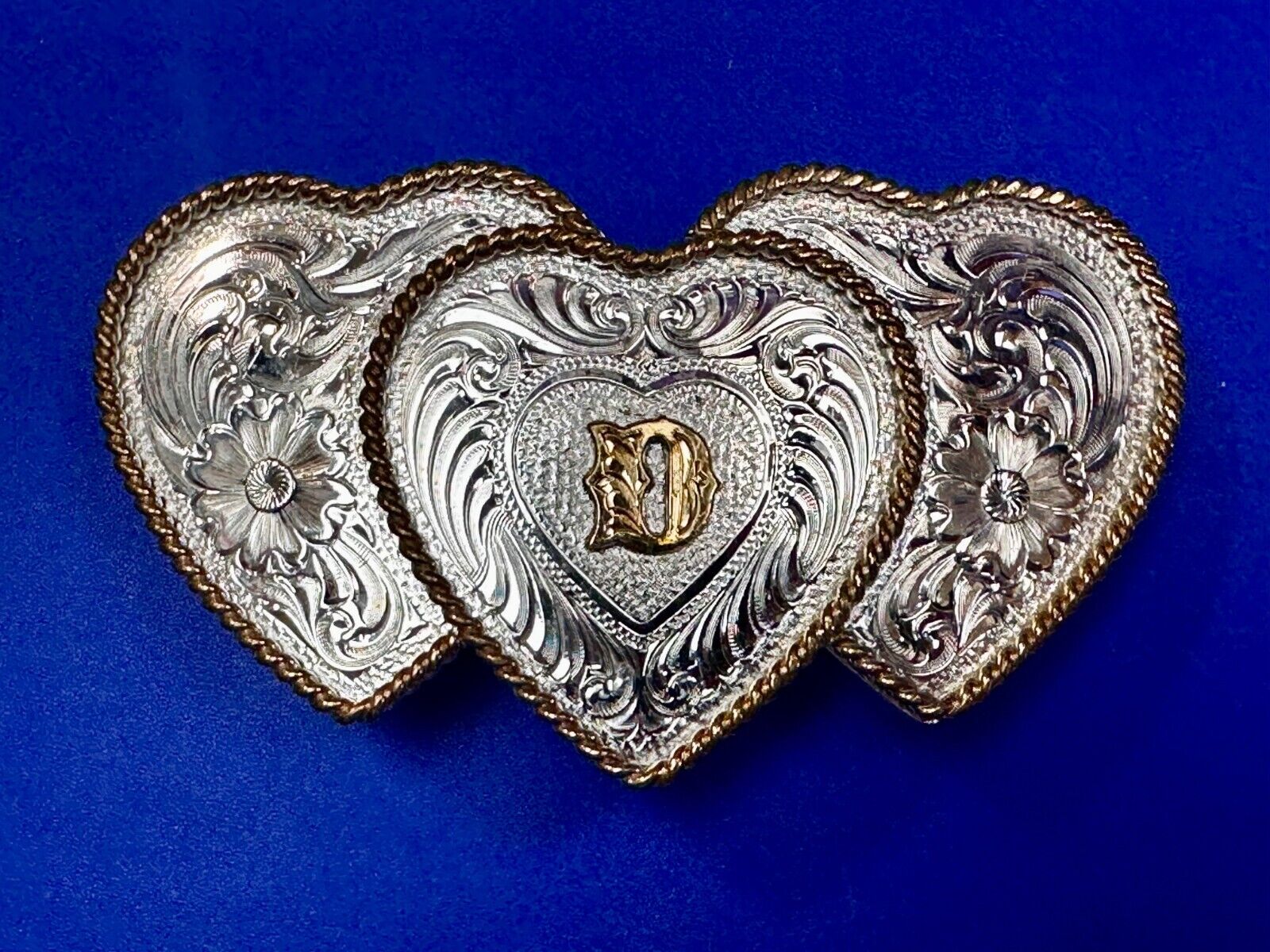 Three Triple Hearts With Initial Letter D Montana Silversmiths Belt Buckle
