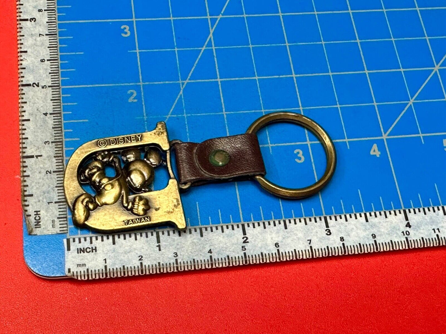 VINTAGE LETTER INITIAL U MICKEY MOUSE DISNEY KEYCHAIN BRASS and LEATHER FOB