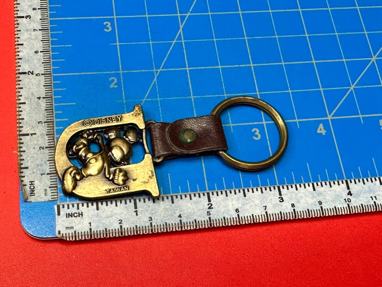 VINTAGE LETTER INITIAL U MICKEY MOUSE DISNEY KEYCHAIN BRASS and LEATHER FOB