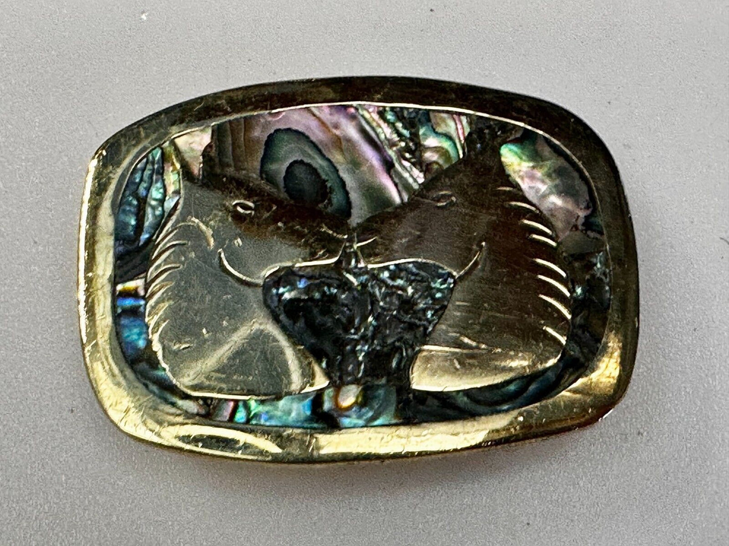 Two Horses Vintage Inlaid Alabone Shell Small Mexico Stamped Belt Buckle