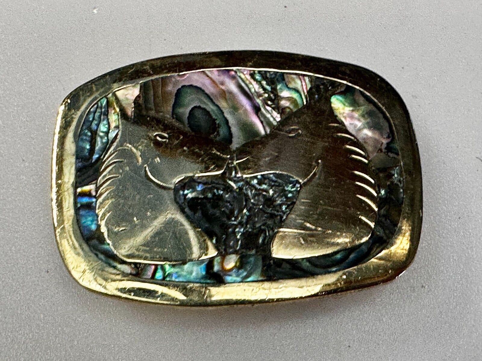 Two Horses Vintage Inlaid Alabone Shell Small Mexico Stamped Belt Buckle