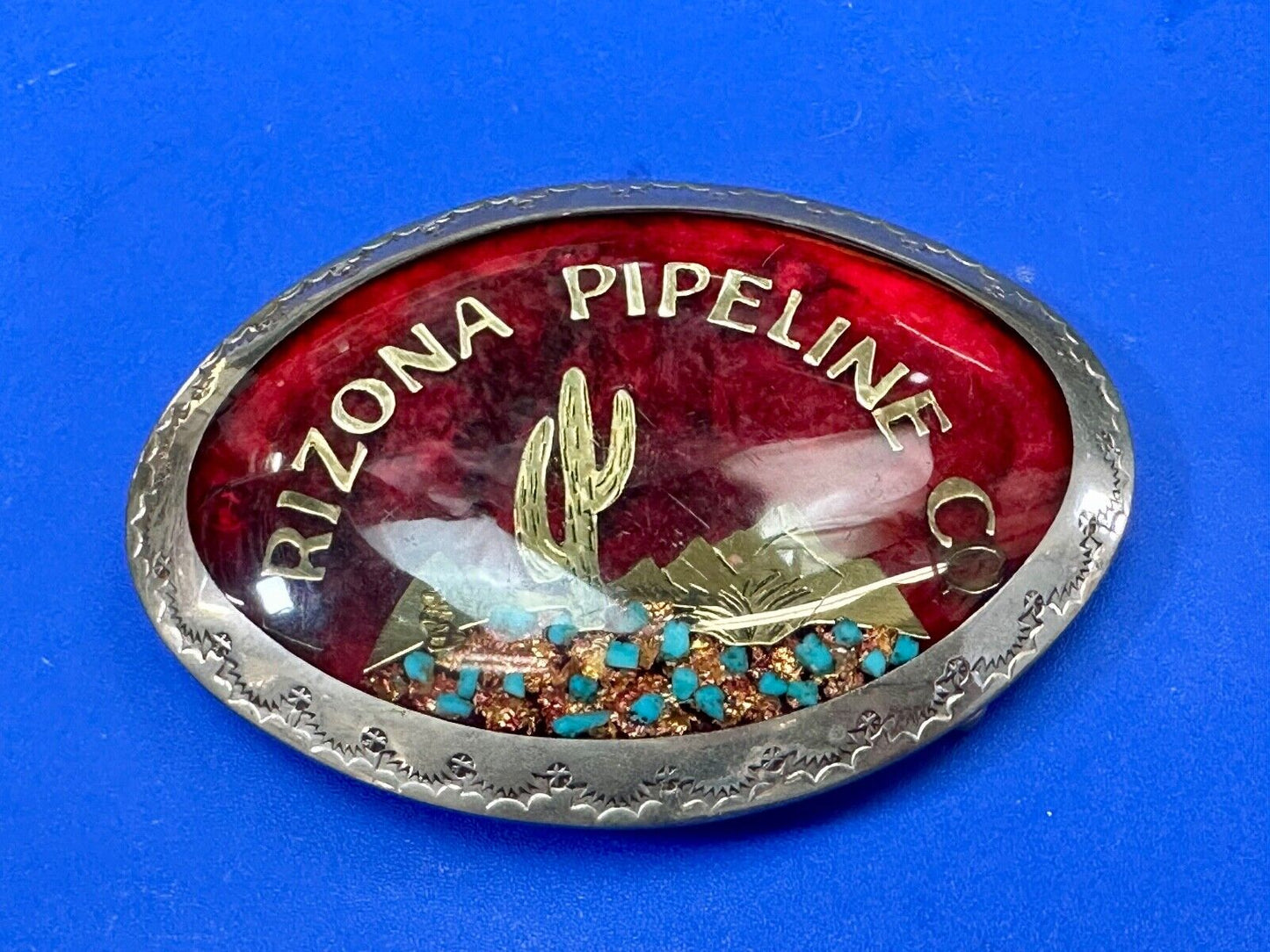Arizona Pipeline Oil Mine inlaid turquoise Native American hallmark belt buckle