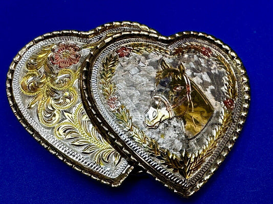 Two Hearts - Vintage mixed metal and color horse head Belt Buckle marked W