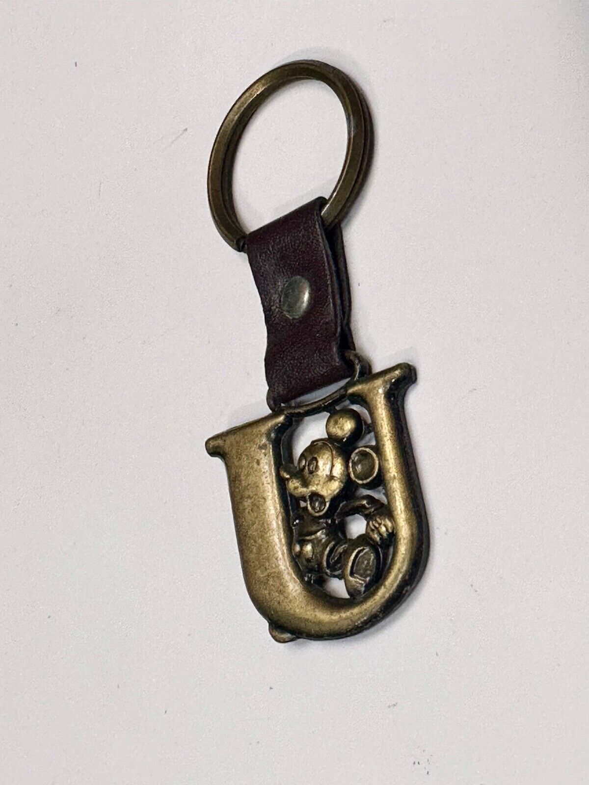 VINTAGE LETTER INITIAL U MICKEY MOUSE DISNEY KEYCHAIN BRASS and LEATHER FOB