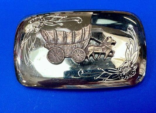 Vintage Horse Drawn Covered wagon on reflective western two tone belt buckle