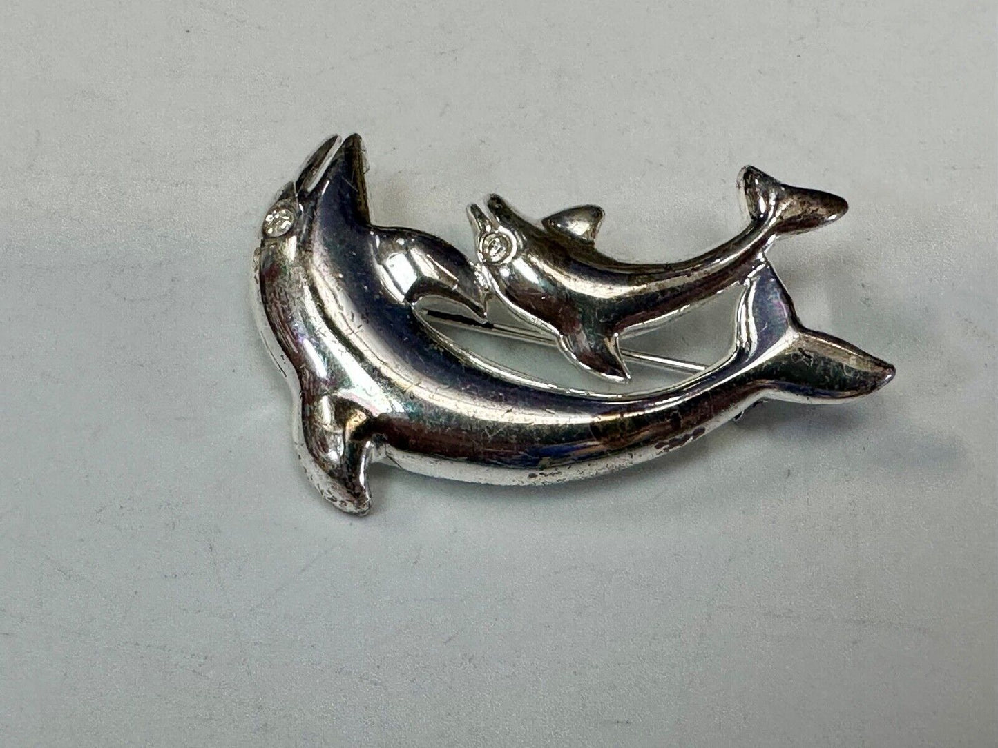 Two  Dolphins Curved Jumping in ocean scene AK Anne Klein Brooch Pin